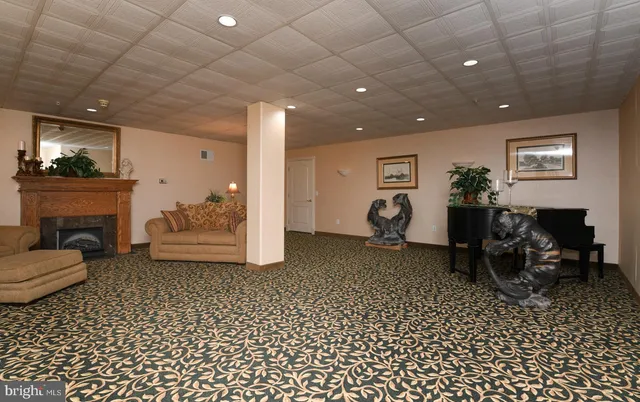 a living room with furniture a window and a fireplace