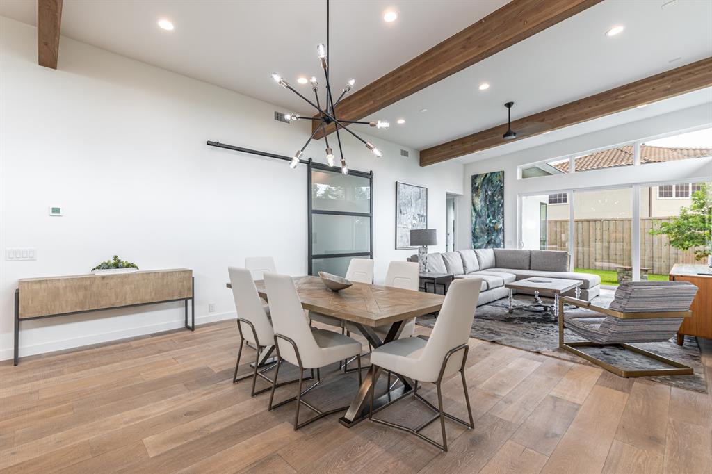 4202 Bonham Street Dallas, TX 75229 - Photo 25 of 32 Dining room with beam ceiling, light wood finished floors, a chandelier, and recessed lighting