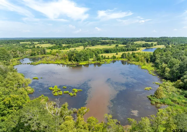 a view of a lake with houses in back