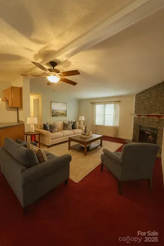 a living room with furniture and a fireplace