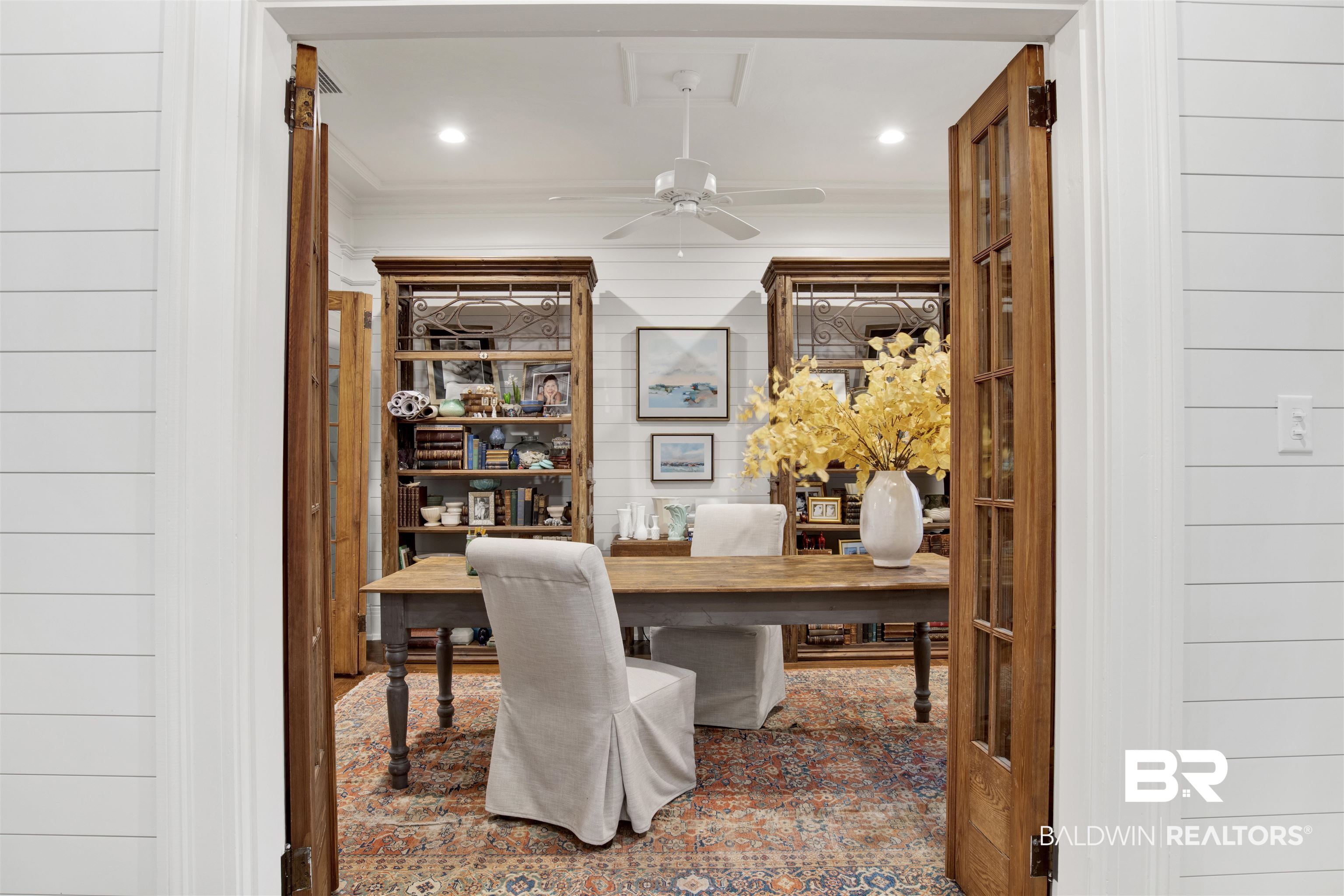 1654 Government Street Mobile, AL 36604 - Photo 21 of 45 Office area featuring ornamental molding, ceiling fan, and hardwood / wood-style floors