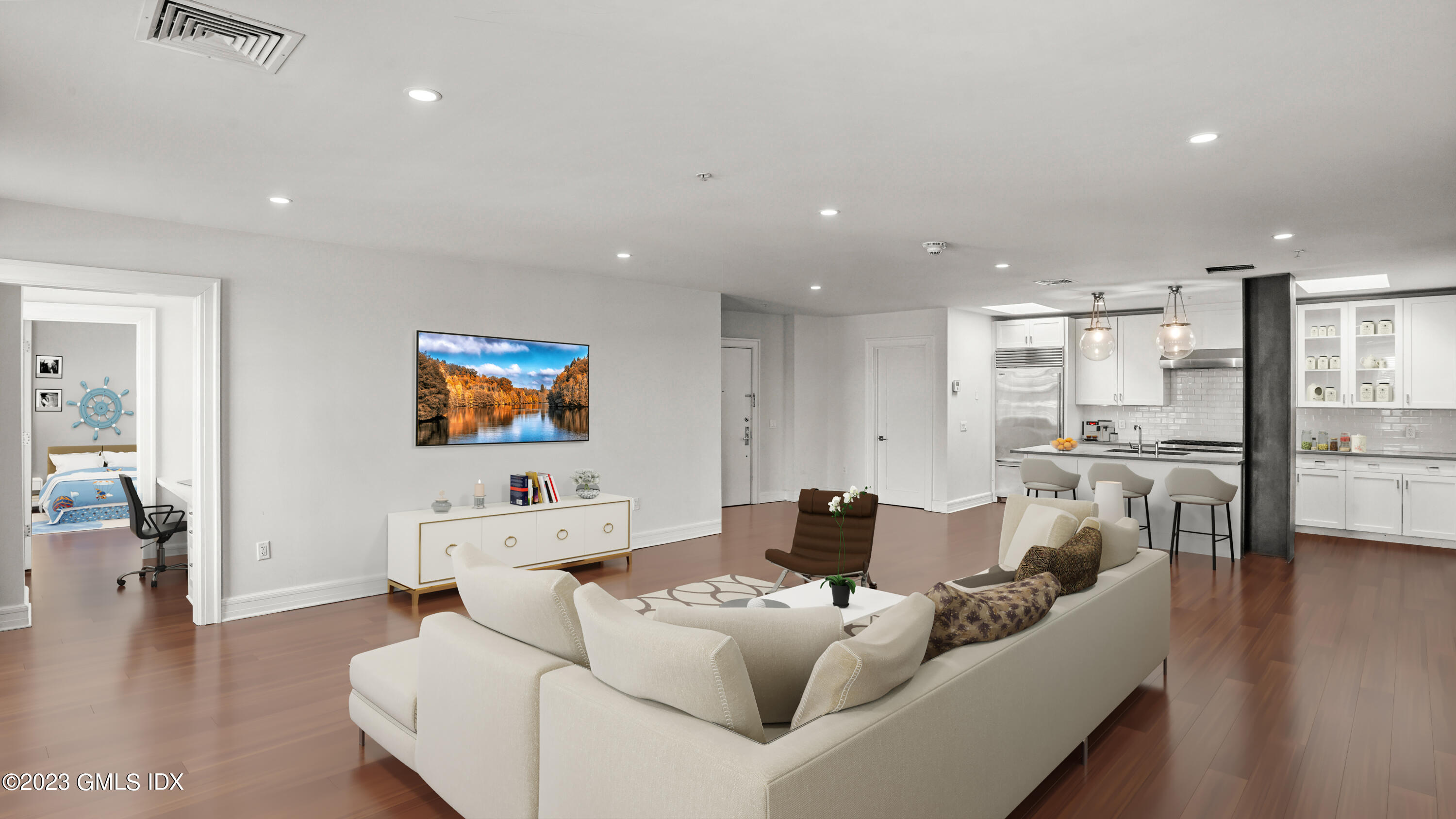 409 Greenwich Avenue, Unit A Greenwich, CT 06830 - Photo 2 of 17 a living room with furniture and a view of kitchen