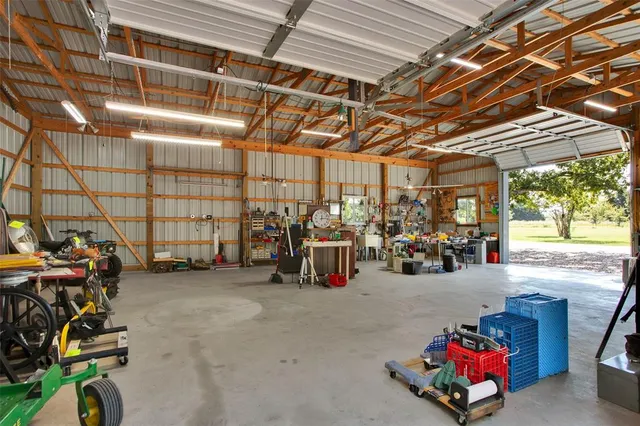 a view of a garage with storage