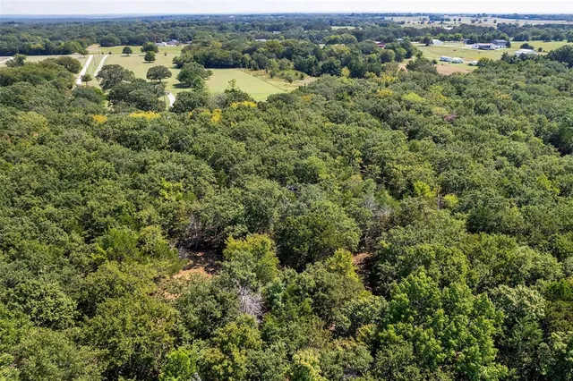 an aerial view of residential houses with outdoor space and trees