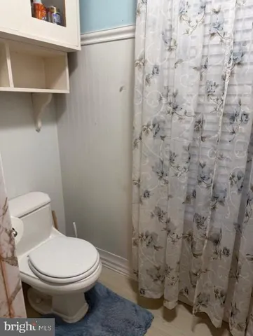 a white toilet sitting next to a shower curtain