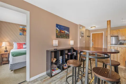 a view of a dining room with furniture and a rug