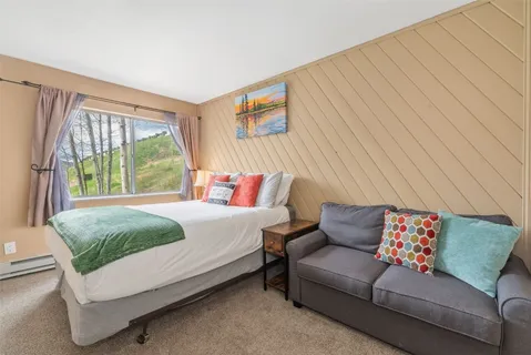 a bedroom with a bed and a couch