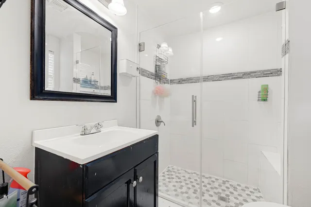 a bathroom with a sink a mirror and a shower