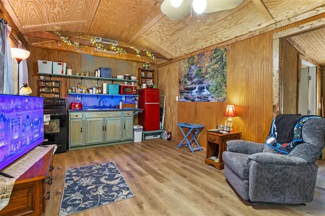 a view of a forest with trees in the background