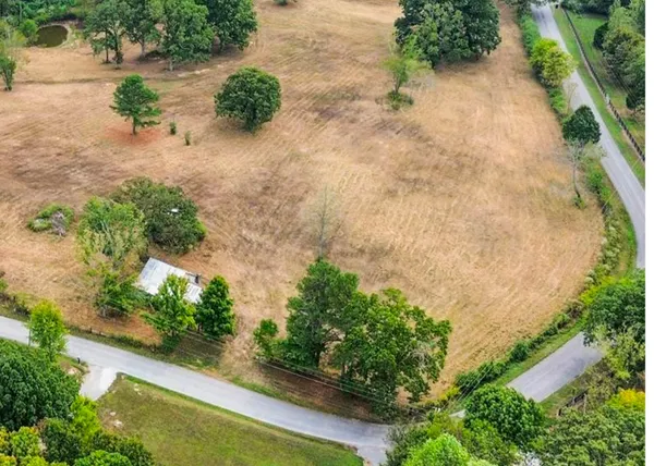 an aerial view of garden with patio