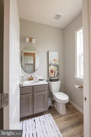 a bathroom with a toilet sink a mirror and vanity