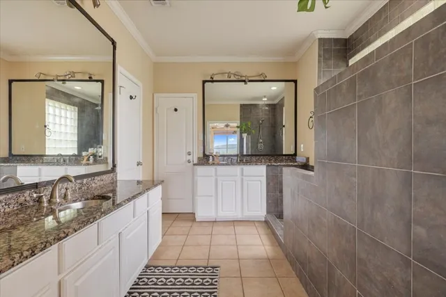 a bathroom with a granite countertop sink a mirror and a shower