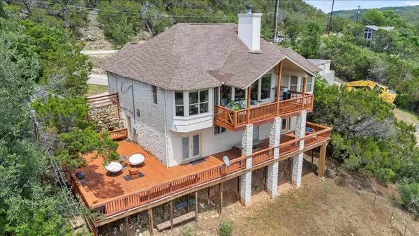 an aerial view of a house with balcony
