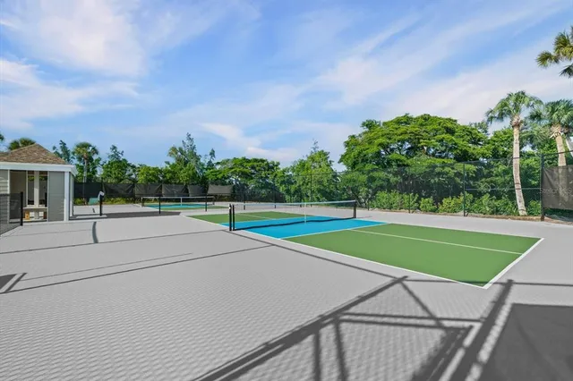 a view of a tennis ground with large trees