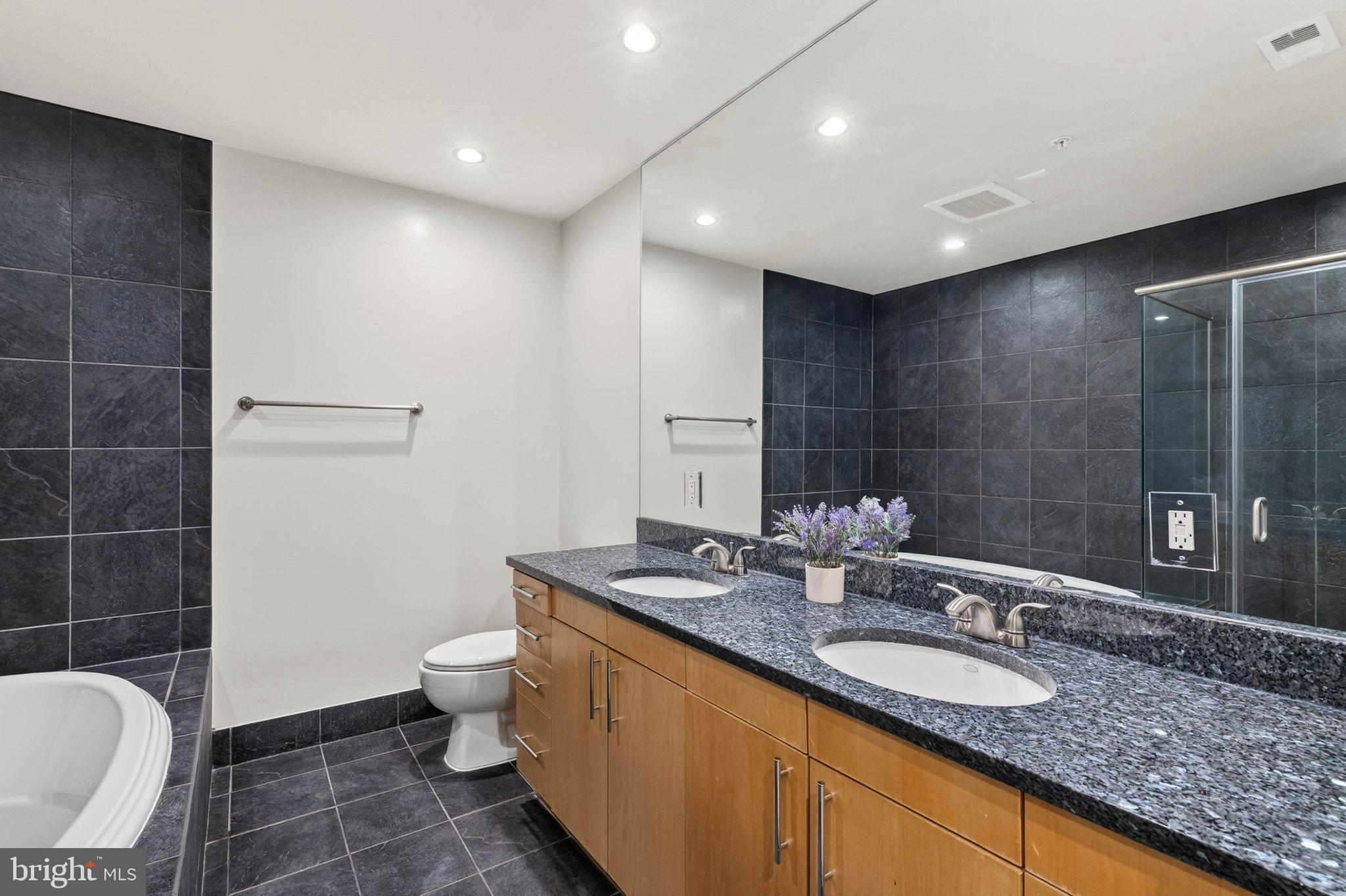 3409 Wilson Boulevard, Unit 301 Arlington, VA 22201 - Photo 17 of 39 a bathroom with a granite countertop sink a toilet a mirror and bathtub