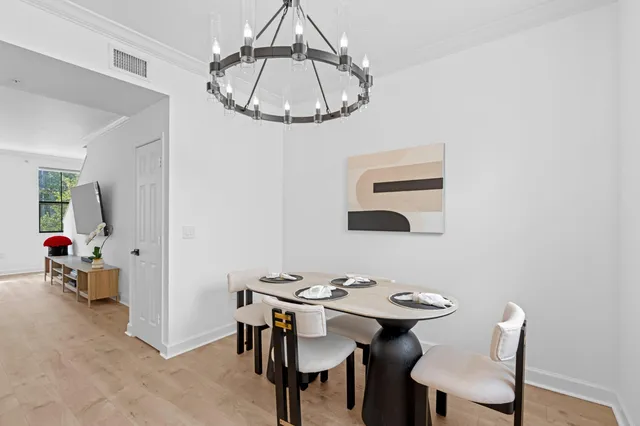 a view of a dining room with furniture