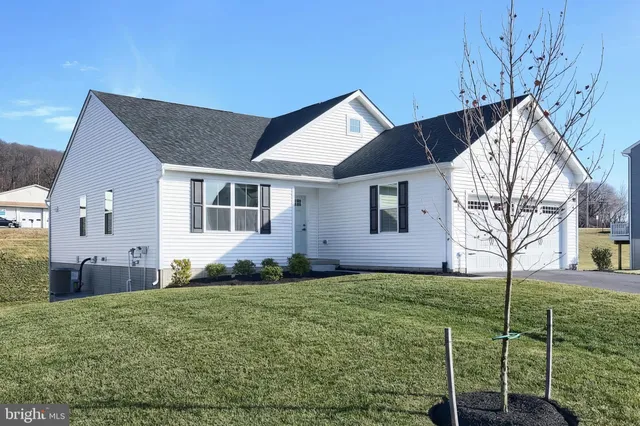 a view of a house with backyard and garden