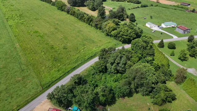 an aerial view of residential houses with outdoor space and trees