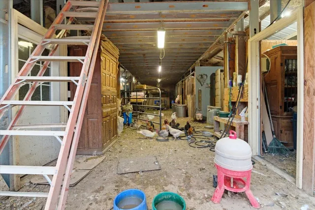 a view of a building with seating space