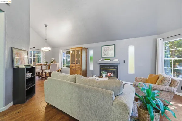 a living room with furniture a fireplace and a potted plant