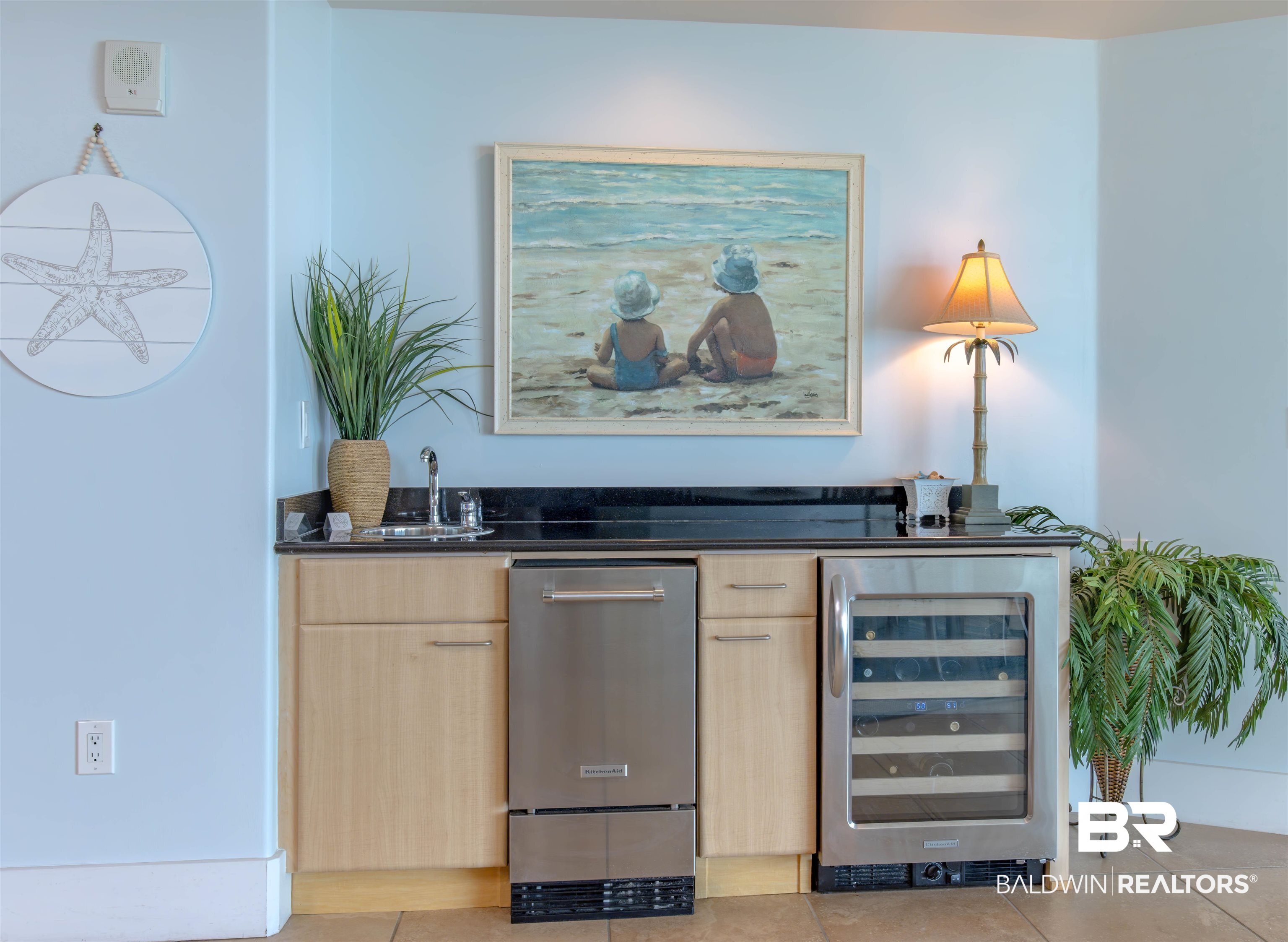 28107 Perdido Beach Boulevard, Unit D714 Orange Beach, AL 36561 - Photo 24 of 88 Bar featuring beverage cooler, light tile patterned floors, wet bar, and a sink