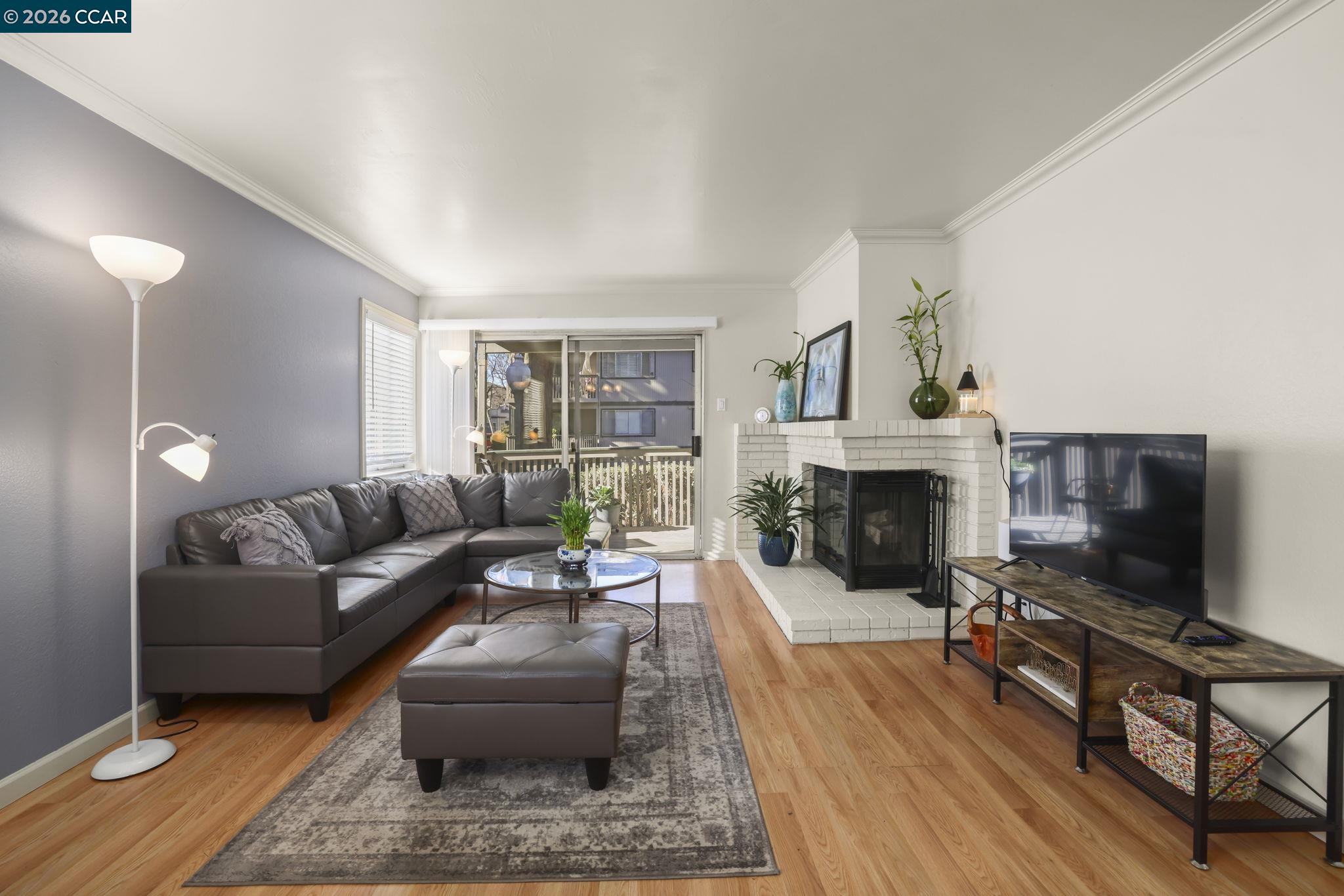 a living room with furniture a flat screen tv and a fireplace