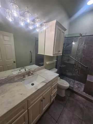 a bathroom with a sink a toilet a mirror and shower