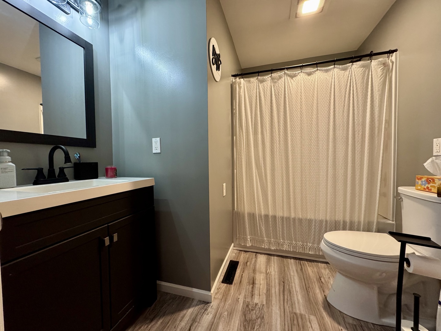 212 Mitchell Street Benton, IL 62812 - Photo 34 of 40 a bathroom with a sink a toilet a mirror and shower curtain