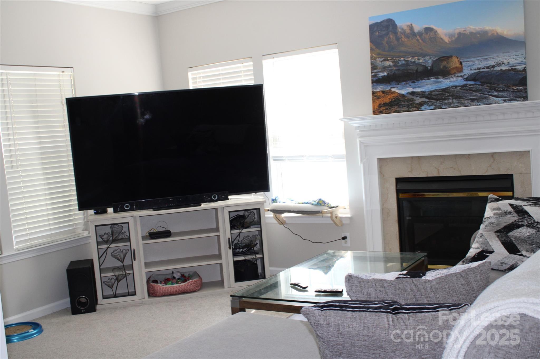 18630 Oakhurst Boulevard Cornelius, NC 28031 - Photo 6 of 20 a living room with furniture a flat screen tv and a fireplace