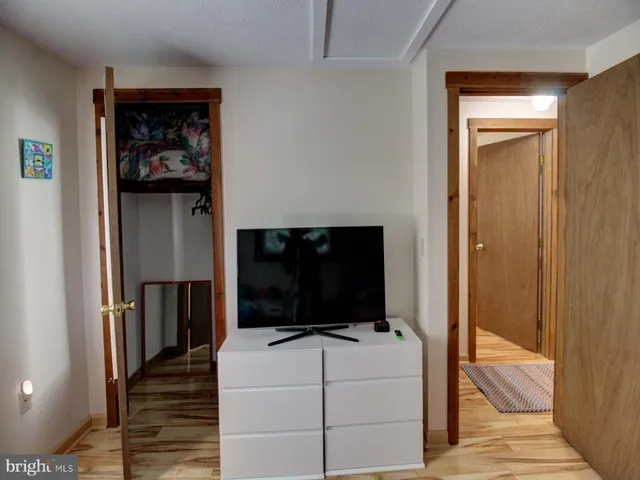 a living room with a bed and furniture