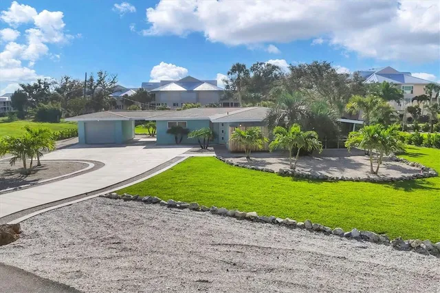 a view of a big yard with potted plants and large trees