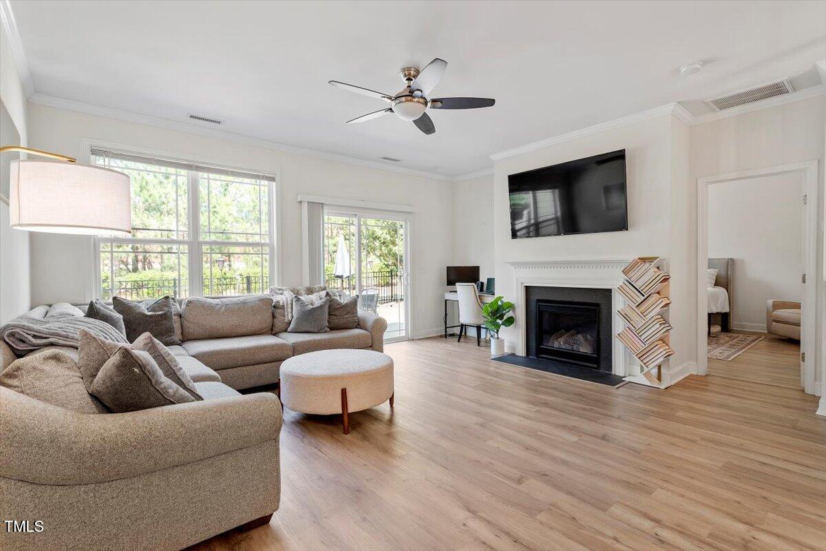 225 Mayfield Drive Apex, NC 27539 - Photo 17 of 41 a living room with furniture a fireplace and a flat screen tv