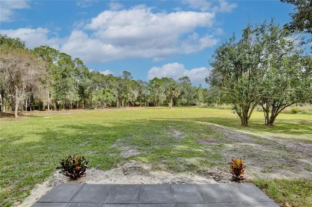 a view of a garden with a house