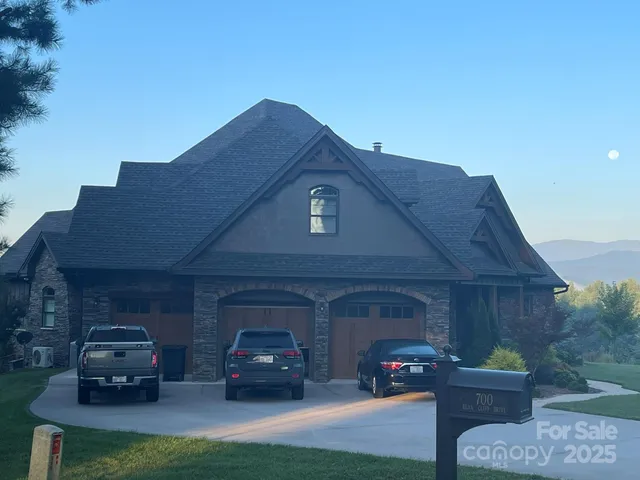 a car parked in front of a house with potted plants