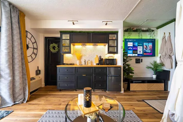 a view of a hallway with a couch