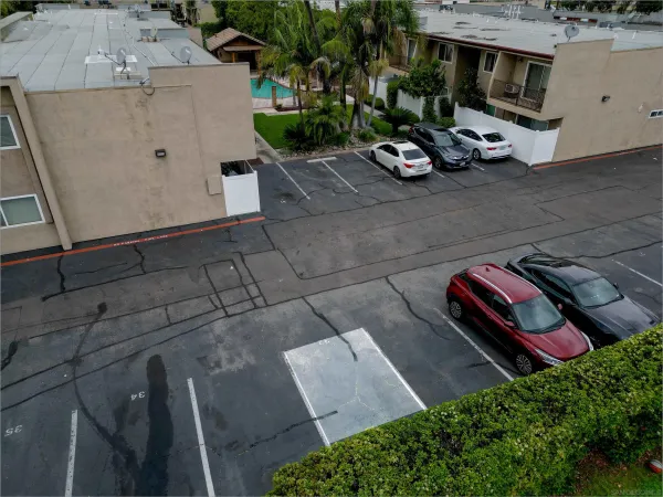 an aerial view of a house with a garden
