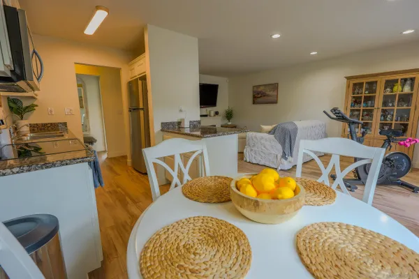 a view of a dining room with furniture