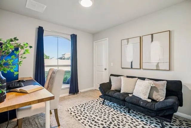a living room with furniture and a potted plant