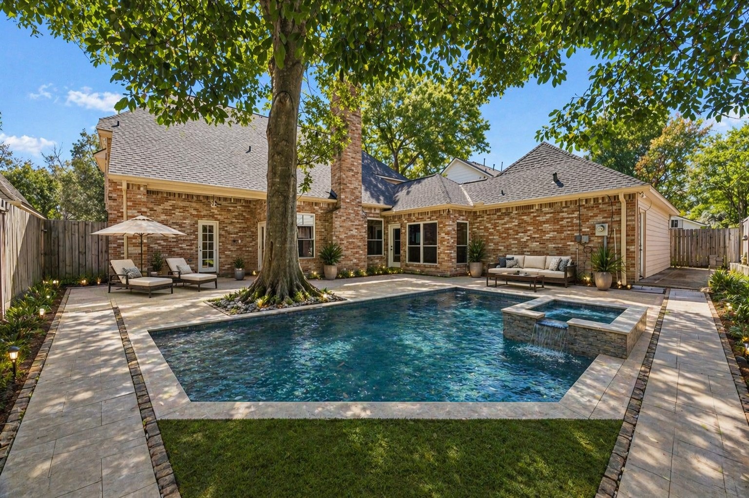 1030 Crossroads Drive Houston, TX 77079 - Photo 39 of 44 Spacious backyard with POOL RENDERING, showcasing the potential to build an incredible custom pool with spa or additional decking for enhanced outdoor living and entertaining.