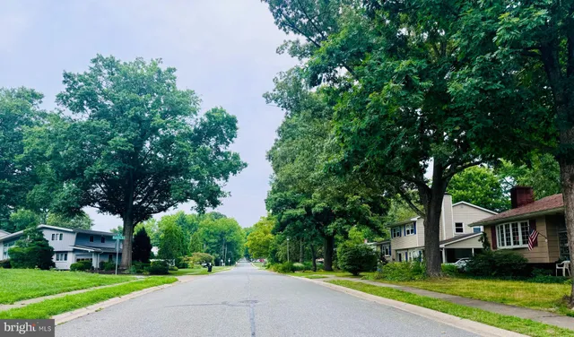 a front view of a house with a yard and large trees