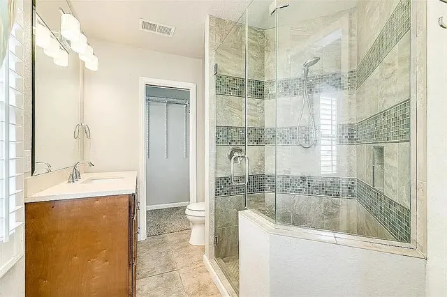 a bathroom with a granite countertop sink a toilet and shower