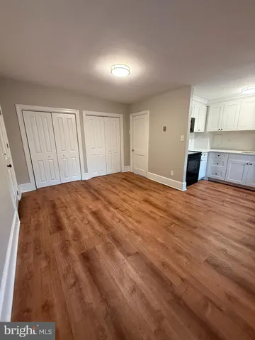 a large room with a bed