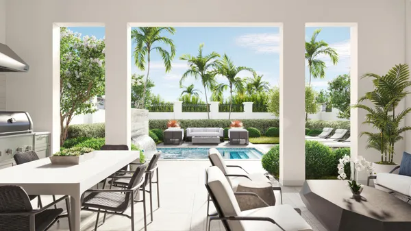 a view of a patio with a table and chairs potted plants with bedroom view