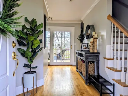 a living room with furniture a potted plant and a book shelf
