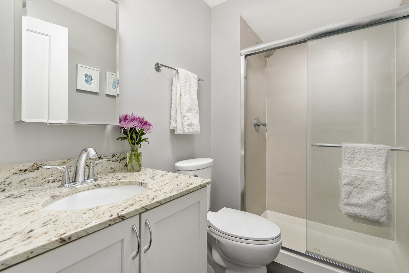 3033 North Sheridan Road, Unit 605 Chicago, IL 60657 - Photo 10 of 13 a bathroom with a granite countertop sink and a mirror