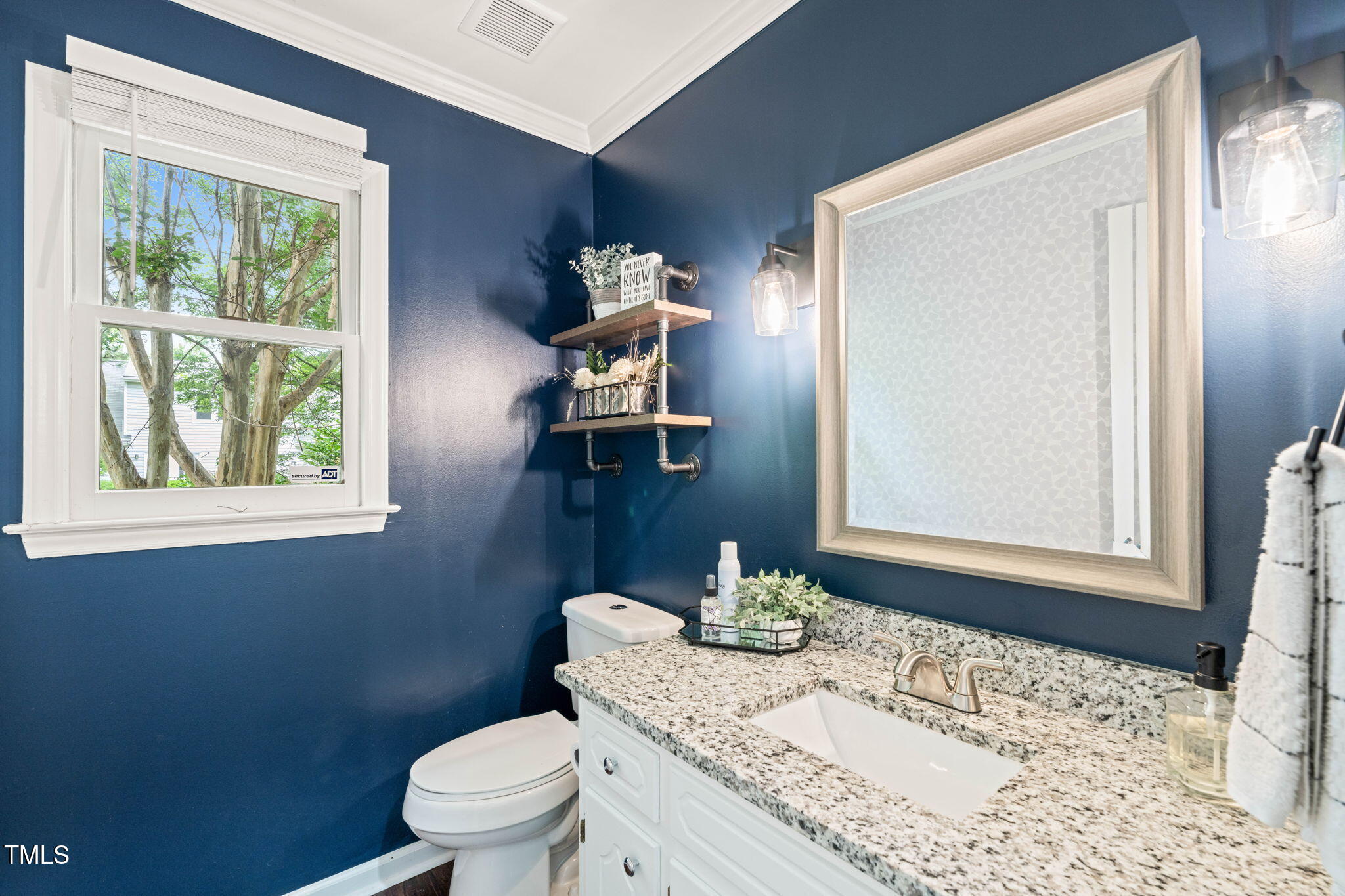 21 Cedar Hill Drive Durham, NC 27713 - Photo 25 of 45 a bathroom with a granite countertop sink toilet and mirror