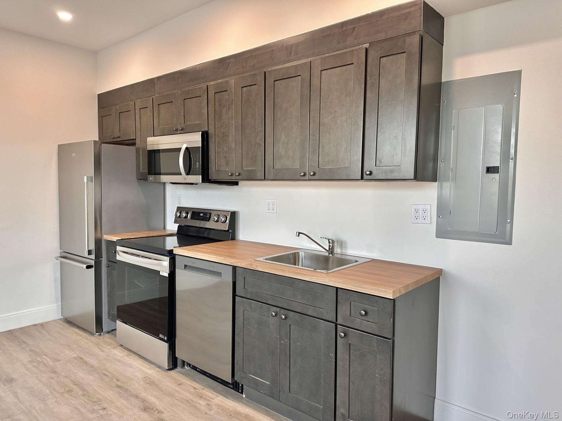 362 West Merrick Road, Unit 207 Valley Stream, NY 11580 - Photo 2 of 7 Kitchen featuring appliances with stainless steel finishes, electric panel, light wood-style flooring, and dark brown cabinetry