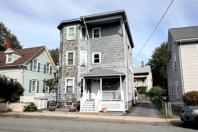 a view of a house with white door