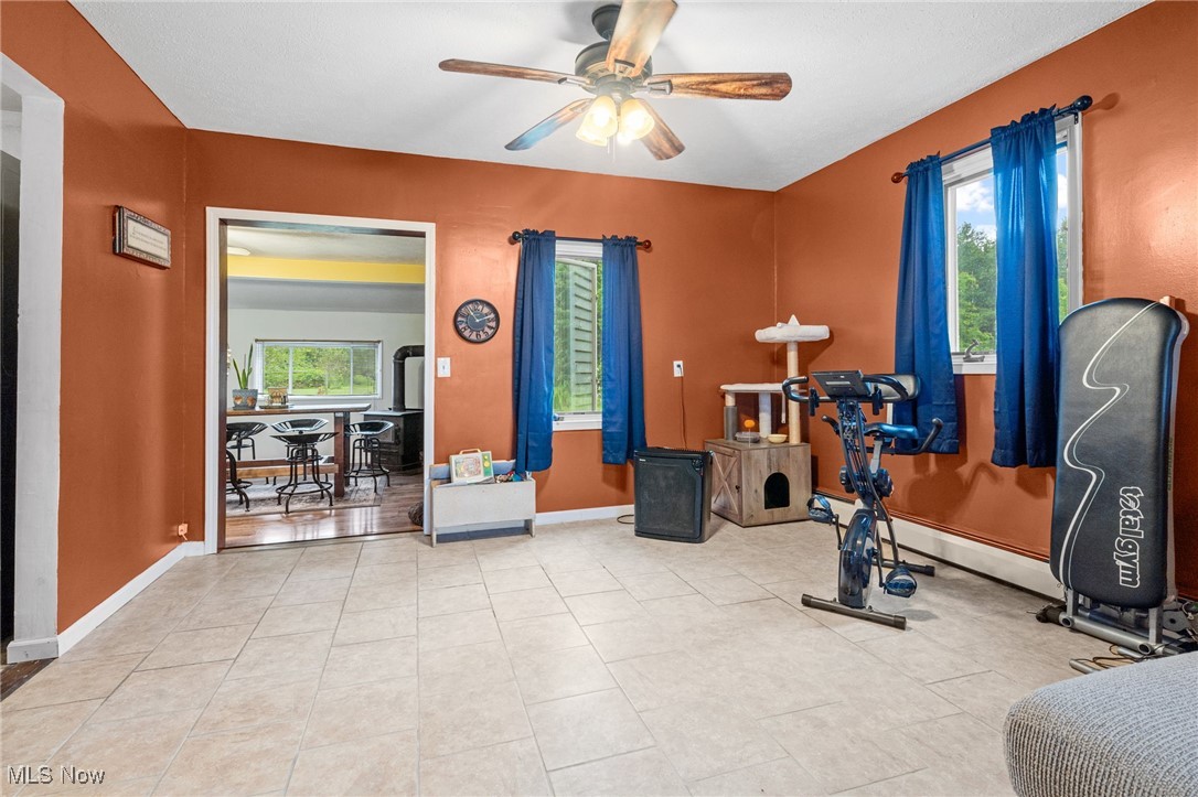 10228 Beloit Snodes Road North Benton, OH 44449 - Photo 11 of 25 Workout area featuring ceiling fan, baseboard heating, and tile patterned floors