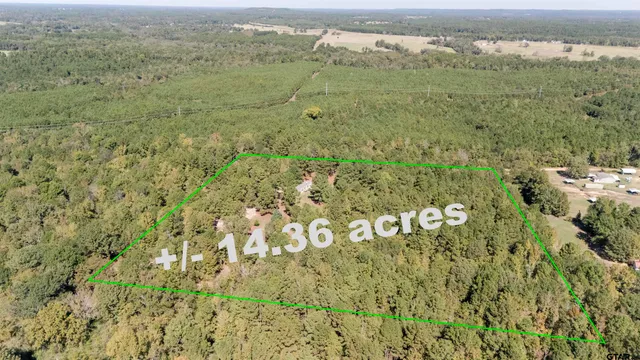 a view of a field with an trees in the background